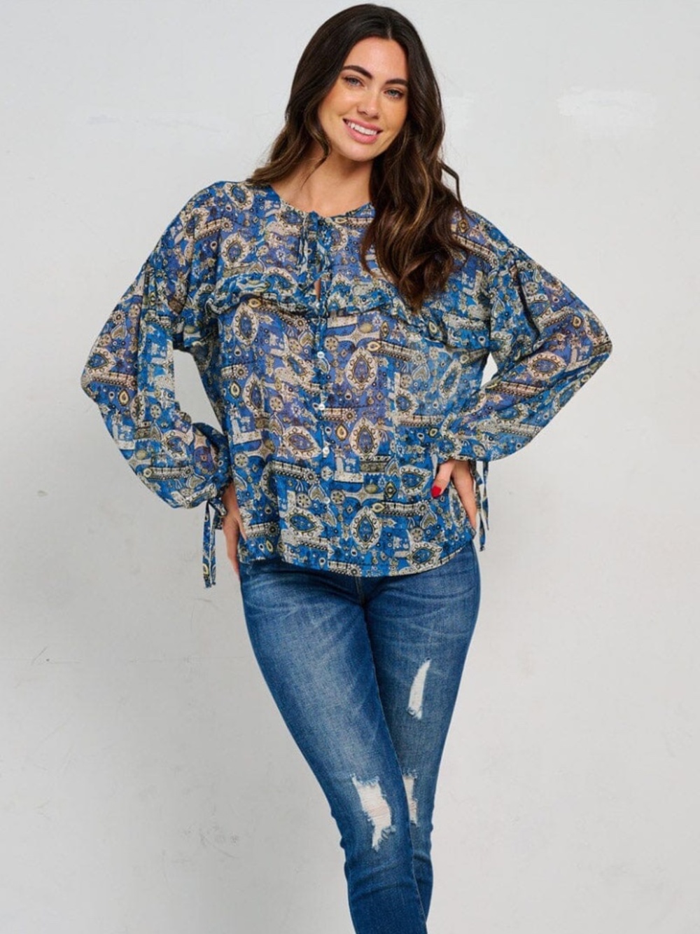"Blu Pepper" Women's Long Sleeve Tie Neck Multi Print Blouse. 3 Sizes Available.